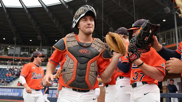 Junior catcher Kyle Teel greets his teammates before the Virginia baseball game against East Carolina in the Charlottesville Regional of the 2023 NCAA Baseball Tournament at Disharoon Park.